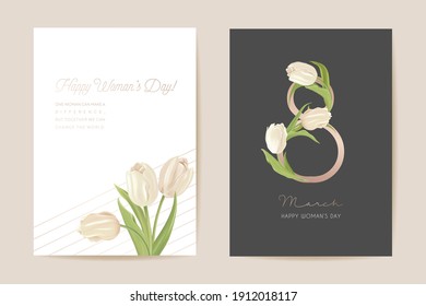 Modern Woman day 8 March holiday card. Spring floral vector illustration. Greeting realistic tulip flowers template, luxury flower background, international women day concept flyer, party design