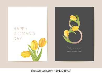 Tarjeta de vacaciones del Día de la Mujer Moderna 8 de marzo. Ilustración vectorial floral de primavera. Plantilla de flores de tulipán realistas de bienvenida, fondo de flores de lujo, folleto sobre el concepto del día internacional de la mujer, diseño de fiesta