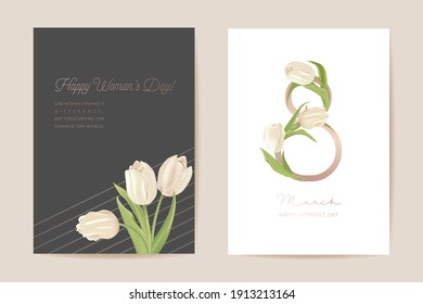 Modern Woman day 8 March holiday card. Spring floral vector illustration. Greeting realistic tulip flowers template, luxury flower background, international women day concept flyer, party design