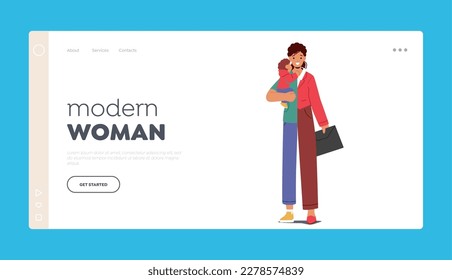 Modern Woman Dilemma Landing Page Template. Female Character Torn Between Two Choices of Work and Baby on her Hands Balancing Personal And Professional Lives. Cartoon People Vector Illustration