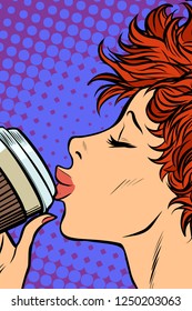 modern woman drinks a paper Cup of coffee. Pop art retro vector illustration. Girls 80s