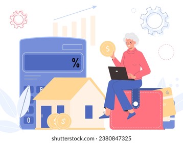 Modern woman elderly pay bills online on the website form via laptop. Monthly payments.  Payments for interest rate, fees, principal and finance bills. Vector illustration