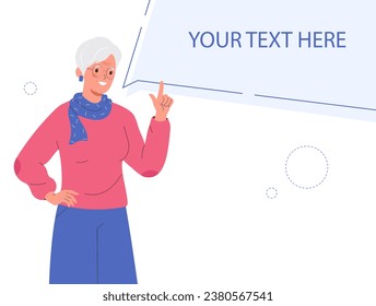 Modern Woman elderly with speech bubble. Your text here. Old woman with grey hair pointing at a copy space. 