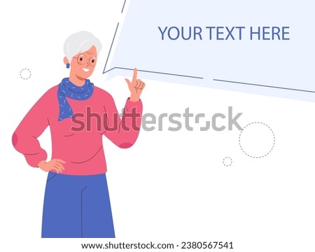 Modern Woman elderly with speech bubble. Your text here. Old woman with grey hair pointing at a copy space. 