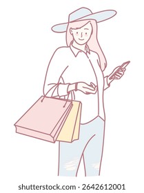 A modern woman enjoying shopping, holding bags and checking her phone, embodying fashion and lifestyle.