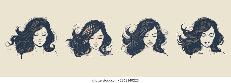 Modern woman face logo design. Vector illustration. Girl silhouette for cosmetics, beauty, health and spa, fashion themes. Creative female icon with curl hair.