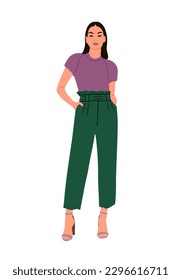 Mujer moderna con elegante ropa de oficina de verano informal. Chica bonita con pantalones, blusa y tacones altos. Caricatura vectorial ilustración realista aislado en fondo blanco