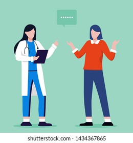 Modern Woman Female Doctor Gynecologist In White Coat With Stethoscope Talking With Young Patient, Woman Or Teen  In Casual Clothes. Therapist Appointment. Online Ask Doctor. Healthcare Services