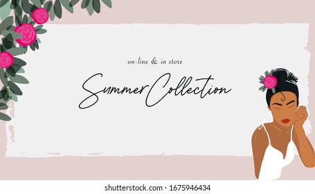 Modern woman  flat minimal illustration with hand drawn peony flower in hair. Chic fashion women outfit look character. Summer collection concept banner