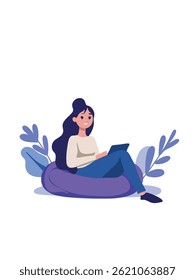 Modern woman with gadget on white background, copy space