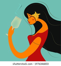 Modern woman with a glass of wine. A showy girl in a red dress drinks wine. Problems of female alcoholism. Do not abuse alcohol, take care of your health. Vector illustration.