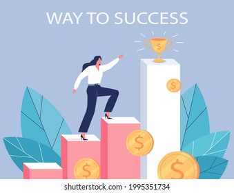Modern woman goes up the stairs to success vector cartoon illustration 