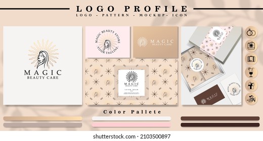 modern woman head logo branding with pattern and icon set