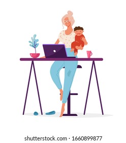 A modern woman holds a child in her arms and works at a computer. Concept illustration about choosing a career or family, distant work, women s career, freelance. Flat cartoon illustration isolated on