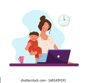 A modern woman holds a child in her arms and works at a computer. Concept illustration about choosing a career or family, distant work, career, freelance. Flat cartoon illustration isolated on white