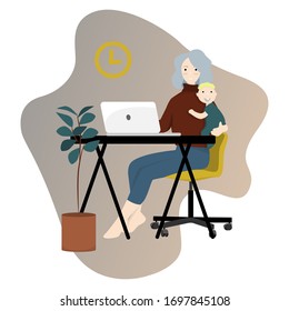 A modern woman holds a child in her arms and works at a computer. Concept illustration about choosing a career or family, distant work, career, freelance. Flat cartoon illustration isolated on white