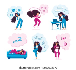 Modern Woman Life Situations Trendy Flat Vector Characters Set. Young Lady Doing Fitness Exercises, Rope Jumping, Messaging Online, Resting On Sofa, Listening Music, Cooking Cake Isolated Illustration