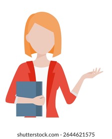 Mulher moderna com cabelo loiro bob longo. Tem bloco de anotações ou de inventário. Usa camisa com uma jaqueta casual, mostrando capacidade de aproximação. Seu visual retrata o trabalhador de operações de negócios, bibliotecário ou estudante.