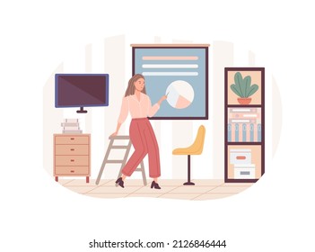 Modern woman making business presentation pointing at board with chart scheme. Female employee analyzing project or datum future forecast presenting plan on seminar at office workplace flat vector