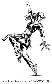 Modern woman making hip hop dance line art sketch in vector illustration