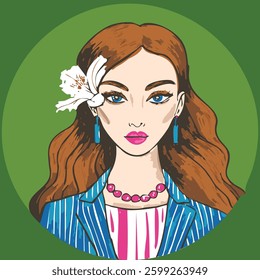 Modern  Woman Portrait. Chic Style Illustration. Fashion Art with Floral Accent. Vibrant Colors. Stylized Female Design.