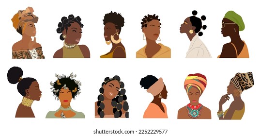 Modern Woman Portrait collection for Abstract Female Prints, Boho Girl Wall Art Decor, Mid Century wallpaper design, avatars. Stylish black women Vector illustration in Earthy Tones isolated on white.