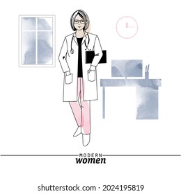 Modern woman professions doctor vector illustration. Sketch and watercolor illustration.