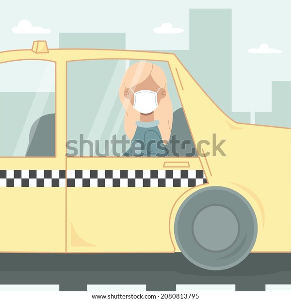 Modern woman in protective face mask\
looking from window by  using taxi. Machine taxi car controlled by\
autopilot carries passenger around streets. New normal concept flat\
vector illustration.