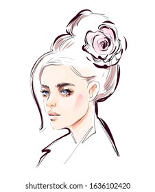 Modern woman with rose flower in hair on head vector drawing. Beauty and style fashion illustration.