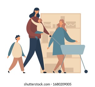 Modern woman with shopping cart carrying baby and walking with boy and teen girl near shelves with boxes in modern grocery store in weekend