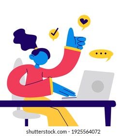 Modern woman sitting at the working desk, ok gesture, thumbs up. Girl student, female freelancer, writer. Concept: education, freelance, communication, home working. Vector eps woman, laptop, computer