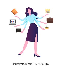 A Modern Woman With Six Arms Performs Many Tasks Simultaneously. Multitasking Businesswoman At Work. An Active Office Manager, At The Same Time Is Engaged In Many Tasks, Simultaneously Performs Severa