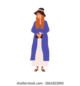 Modern woman in trendy casual clothes. Happy female wearing fashion summer outfit, panama hat, cardigan, pants, sandals and purse in hands. Flat vector illustration isolated on white background