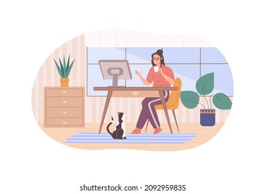 Las mujeres modernas utilizan un escritorio de pc con un monitor de computadora que trabaja en la oficina del hogar y toma té caliente y café. Asiento de gato en el piso. Mujeres de negocios independientes disfrutan del vector de tecnología de visualización digital