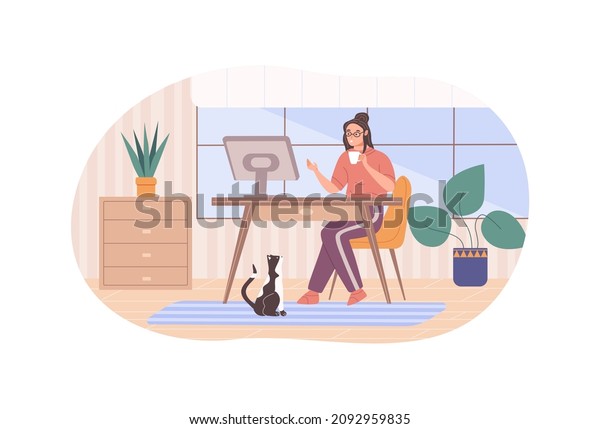 Modern woman use pc sitting desk with computer\
monitor working at home office and drinking hot tea coffee. Cat\
seat on floor. Freelancer business female enjoy digital display\
technology vector