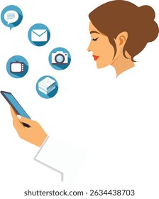 Modern Woman Using Smartphone with Communication and Media Icons