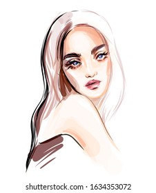 Modern woman vector watercolor drawing sketch. Beauty and style fashion illustration.