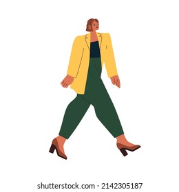 Mujer moderna caminando, usando ropa de moda. Mujer elegante con cortadura de bob en chaqueta de moda, pantalones y zapatos de tacón alto. Ilustración vectorial plana aislada en fondo blanco