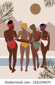 Modern Woman Wall Art, Abstract Female Print,  Boho Girl Wall Decor, Mid Century wallpaper design with women and tropical leaves. Vector illustration in Earthy Tones.