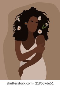 Modern Woman Wall Art , Abstract Female Prints, Boho Girl Wall Decor, Mid Century wallpaper design with stylish black girl and daisy flowers in her hair. Vector illustrations in Earthy Tones.