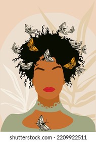 Modern Woman Wall Art, Abstract Female Print, Boho Girl Wall Decor, Mid Century wallpaper design with stylish black woman, butteflies and tropical leaves. Vector illustration in Earth Tone colors.