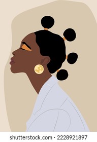 Modern Woman Wall Art , Abstract Female Print, Boho Girl Wall Decor, Mid Century wallpaper design with stylish black woman. Black girl magic concept. Vector illustration in pastel Earthy Tone colors.