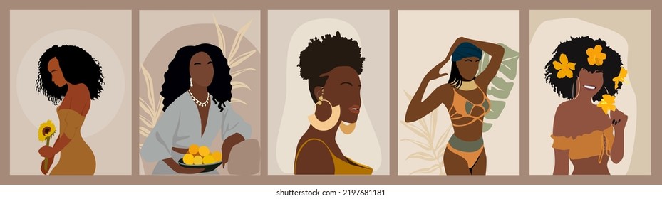 Modern Woman Wall Art collection, Abstract Female Prints, Boho Girl Wall Decor, Mid Century wallpaper design with stylish black women and tropical leaves. Vector illustrations in Earthy Tones.