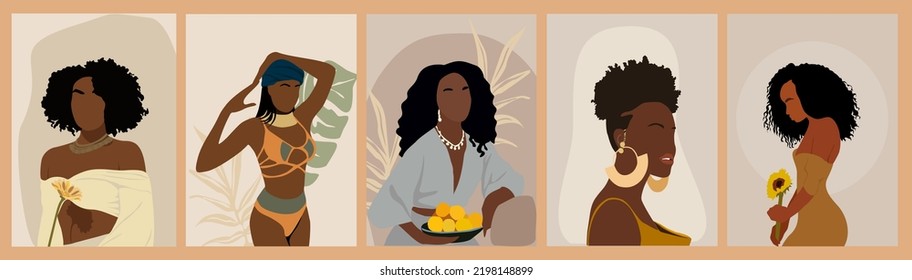 Modern Woman Wall Art collection, Abstract Female Prints, Boho Girl Wall Decor, Mid Century wallpaper design with stylish black women and tropical leaves. Vector illustrations in Earthy Tones.