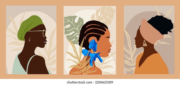 Modern Woman Wall Art collection, Abstract Female Prints, Boho Girl Wall Decor, Mid Century wallpaper design with stylish black women and tropical leaves. Vector illustrations in Earthy Tones.