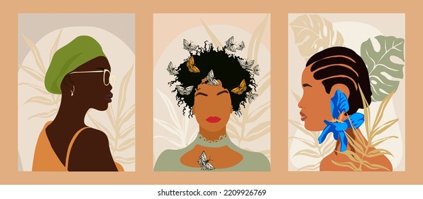 Modern Woman Wall Art collection, Abstract Female Prints, Boho Girl Wall Decor, Mid Century design with stylish black women, butterflies and tropical leaves. Vector illustrations in Earth Tone colors.