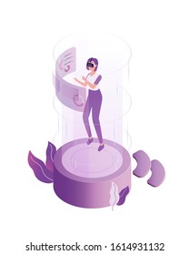 Modern woman wearing 3d headset at virtual reality world vector flat illustration. Playing online game simulated space isolated on white background. Cartoon futuristic female internet player.