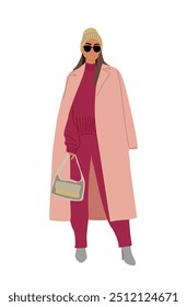 Mulher moderna vestindo casaco e chapéu de gorro, roupas de outono elegantes. Personagem feminina de pé com bolsa. Ilustração realista de vetor isolada sobre fundo branco.