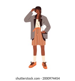 Modern woman wearing fashion clothes. Stylish casual summer look. Female in trendy shorts, loose blazer, sneakers, long socks and cap. Colored flat vector illustration isolated on white background