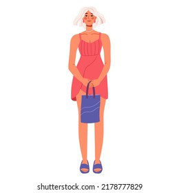 Modern woman wearing fashion summer clothes and bag. Blonde female in stylish dress, flip flops. Trendy casual look. Flat vector illustrations